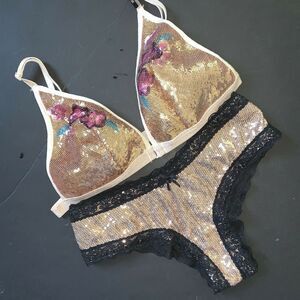NWT Victoria's Secret M BRALETTE set S panty GOLD pink beige SEQUINED BLACK